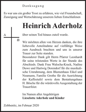 Traueranzeige von Heinrich Aderholz  von Magdeburger Volksstimme