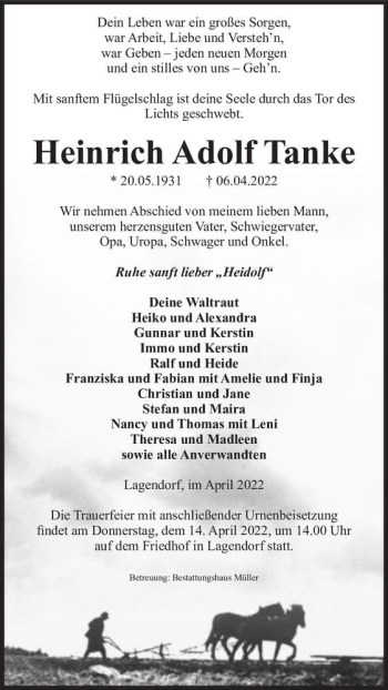 Traueranzeige von Heinrich Adolf Tanke  von Magdeburger Volksstimme