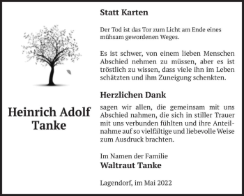 Traueranzeige von Heinrich Adolf Tanke  von Magdeburger Volksstimme