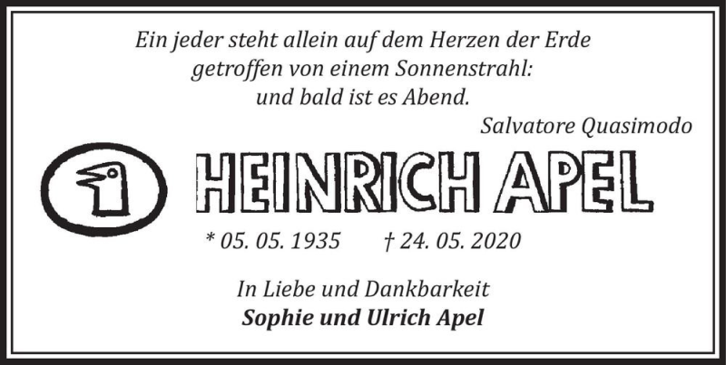  Traueranzeige für Heinrich Apel  vom 04.07.2020 aus Magdeburger Volksstimme
