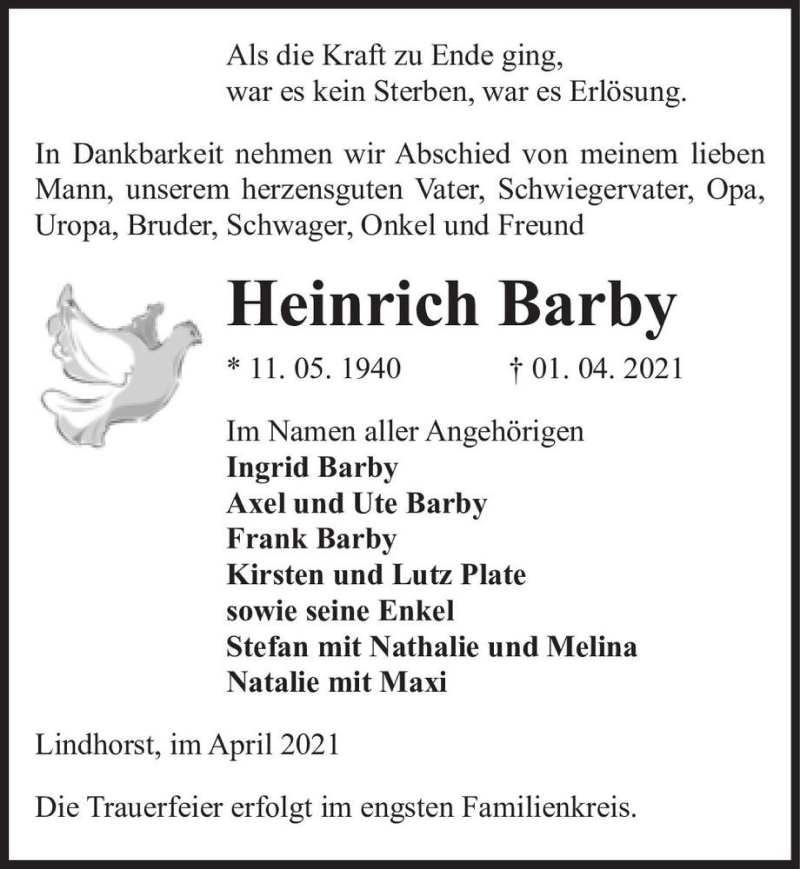  Traueranzeige für Heinrich Barby  vom 10.04.2021 aus Magdeburger Volksstimme