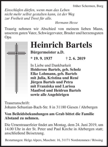 Traueranzeige von Heinrich Bartels  von Magdeburger Volksstimme