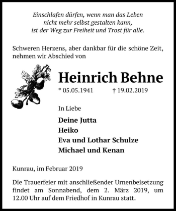 Traueranzeige von Heinrich Behne  von Magdeburger Volksstimme