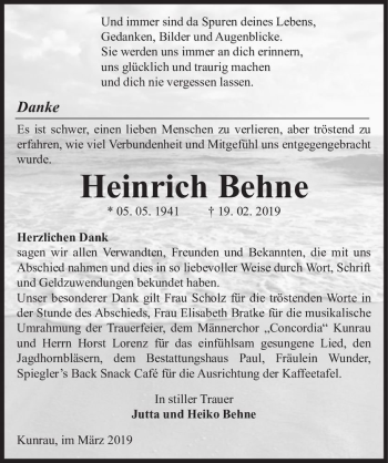 Traueranzeige von Heinrich Behne  von Magdeburger Volksstimme