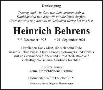 Traueranzeige von Heinrich Behrens  von Magdeburger Volksstimme