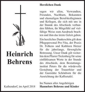 Traueranzeige von Heinrich Behrens  von Magdeburger Volksstimme