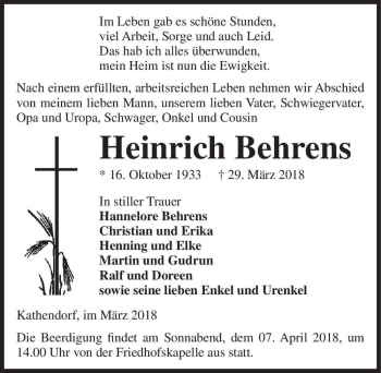 Traueranzeige von Heinrich Behrens  von Magdeburger Volksstimme