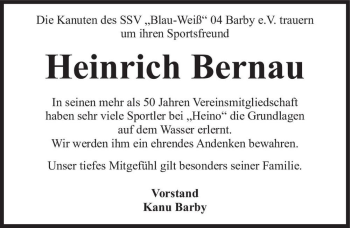 Traueranzeige von Heinrich Bernau  von Magdeburger Volksstimme