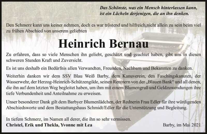  Traueranzeige für Heinrich Bernau  vom 29.05.2021 aus Magdeburger Volksstimme