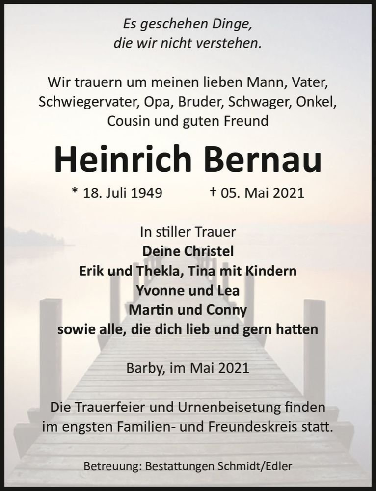  Traueranzeige für Heinrich Bernau  vom 15.05.2021 aus Magdeburger Volksstimme