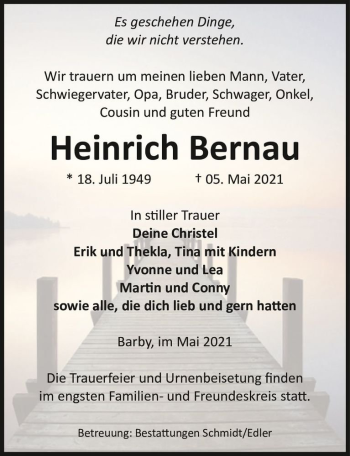 Traueranzeige von Heinrich Bernau  von Magdeburger Volksstimme