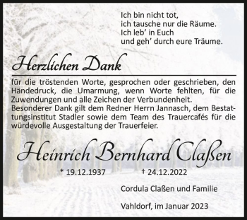 Traueranzeige von Heinrich Bernhard Claßen  von Magdeburger Volksstimme