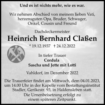 Traueranzeige von Heinrich Bernhard Claßen  von Magdeburger Volksstimme