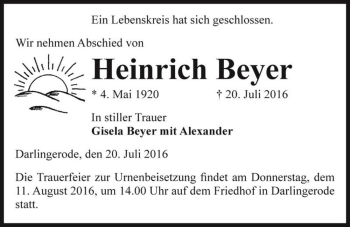 Traueranzeige von Heinrich Beyer  von Magdeburger Volksstimme
