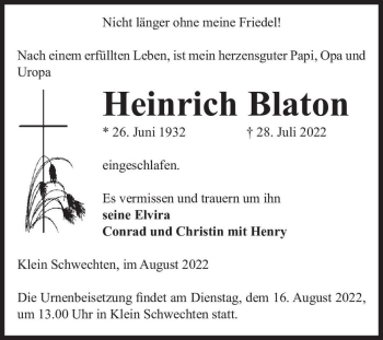 Traueranzeige von Heinrich Blaton  von Magdeburger Volksstimme
