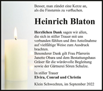 Traueranzeige von Heinrich Blaton  von Magdeburger Volksstimme