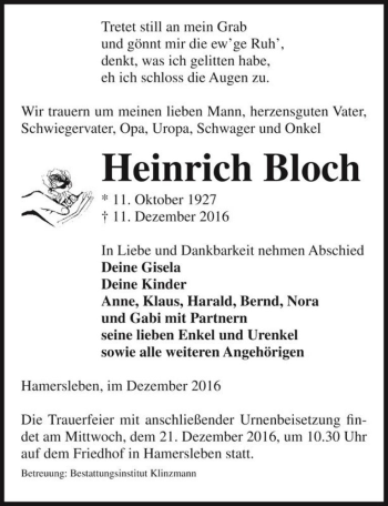 Traueranzeige von Heinrich Bloch  von Magdeburger Volksstimme