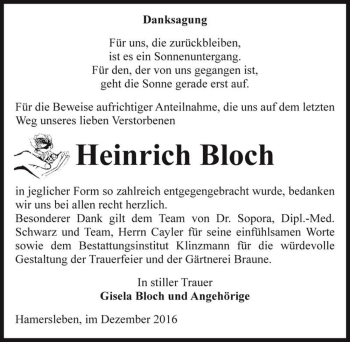 Traueranzeige von Heinrich Bloch  von Magdeburger Volksstimme