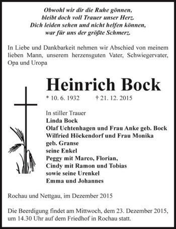 Traueranzeige von Heinrich Bock  von Magdeburger Volksstimme
