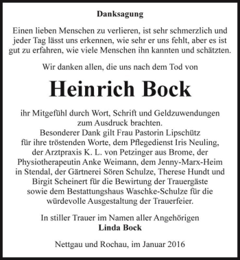 Traueranzeige von Heinrich Bock  von Magdeburger Volksstimme