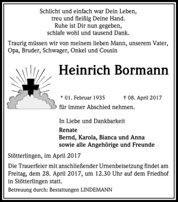 Traueranzeige von Heinrich Bormann  von Magdeburger Volksstimme