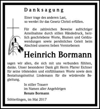 Traueranzeige von Heinrich Bormann  von Magdeburger Volksstimme