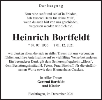 Traueranzeige von Heinrich Bortfeldt  von Magdeburger Volksstimme