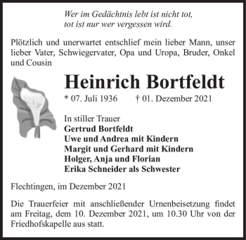 Traueranzeige von Heinrich Bortfeldt  von Magdeburger Volksstimme
