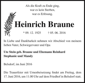 Traueranzeige von Heinrich Braune  von Magdeburger Volksstimme