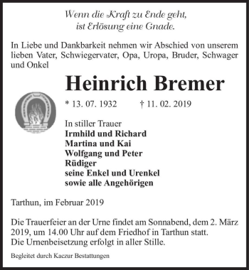 Traueranzeige von Heinrich Bremer  von Magdeburger Volksstimme