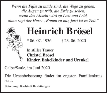 Traueranzeige von Heinrich Brösel  von Magdeburger Volksstimme