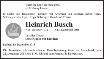 Traueranzeige von Heinrich Busch  von Magdeburger Volksstimme