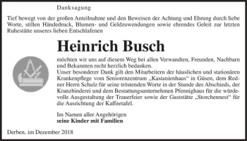 Traueranzeige von Heinrich Busch  von Magdeburger Volksstimme