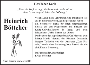 Traueranzeige von Heinrich Böttcher  von Magdeburger Volksstimme