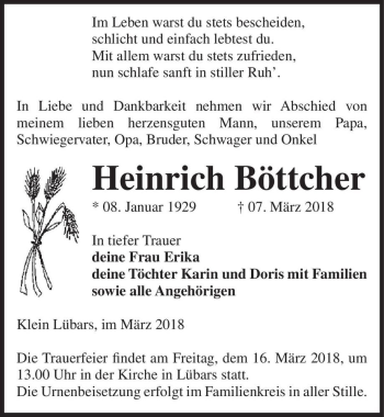 Traueranzeige von Heinrich Böttcher  von Magdeburger Volksstimme