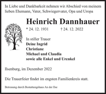 Traueranzeige von Heinrich Dannhauer  von Magdeburger Volksstimme
