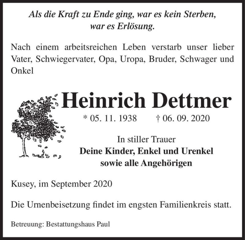  Traueranzeige für Heinrich Dettmer  vom 09.09.2020 aus Magdeburger Volksstimme