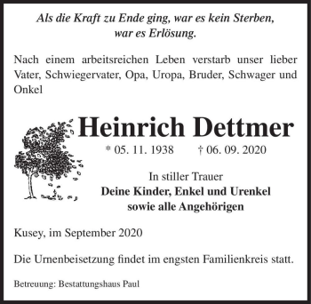 Traueranzeige von Heinrich Dettmer  von Magdeburger Volksstimme