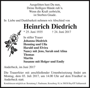 Traueranzeige von Heinrich Diedrich  von Magdeburger Volksstimme