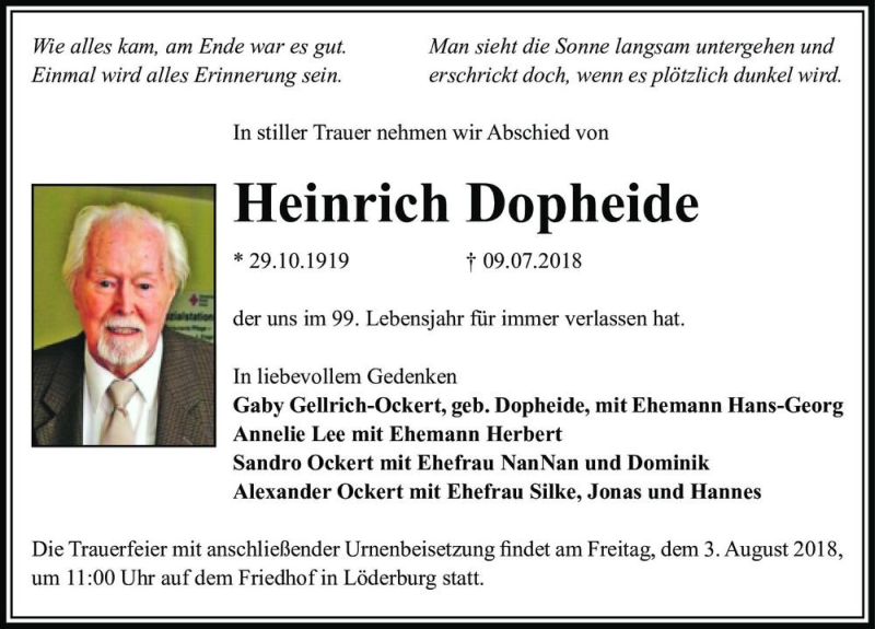  Traueranzeige für Heinrich Dopheide  vom 14.07.2018 aus Magdeburger Volksstimme