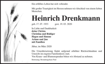 Traueranzeige von Heinrich Drenkmann  von Magdeburger Volksstimme