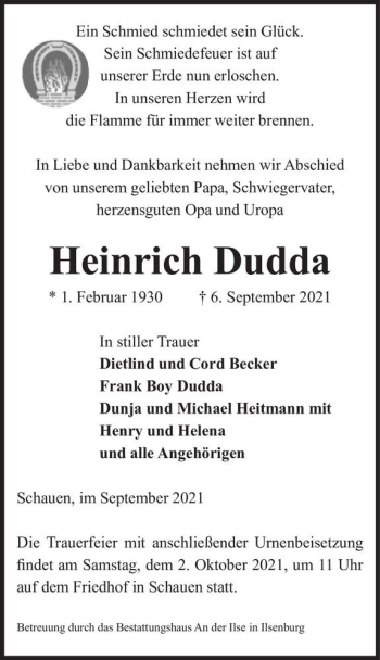 Traueranzeige von Heinrich Dudda  von Magdeburger Volksstimme