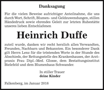 Traueranzeige von Heinrich Duffe  von Magdeburger Volksstimme