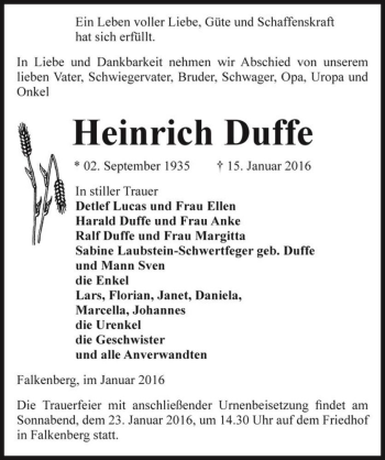 Traueranzeige von Heinrich Duffe  von Magdeburger Volksstimme