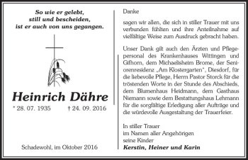 Traueranzeige von Heinrich Dähre  von Magdeburger Volksstimme