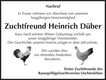 Traueranzeige von Heinrich Düber  von Magdeburger Volksstimme