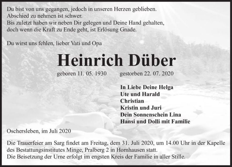  Traueranzeige für Heinrich Düber  vom 25.07.2020 aus Magdeburger Volksstimme