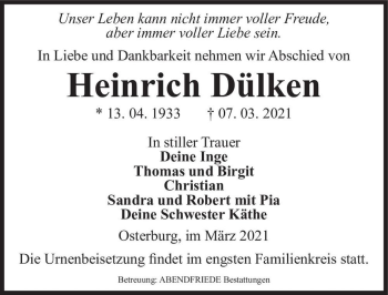 Traueranzeige von Heinrich Dülken  von Magdeburger Volksstimme