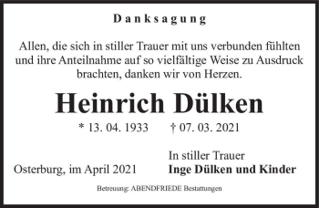 Traueranzeige von Heinrich Dülken  von Magdeburger Volksstimme