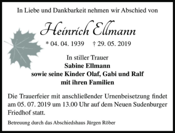 Traueranzeige von Heinrich Ellmann  von Magdeburger Volksstimme